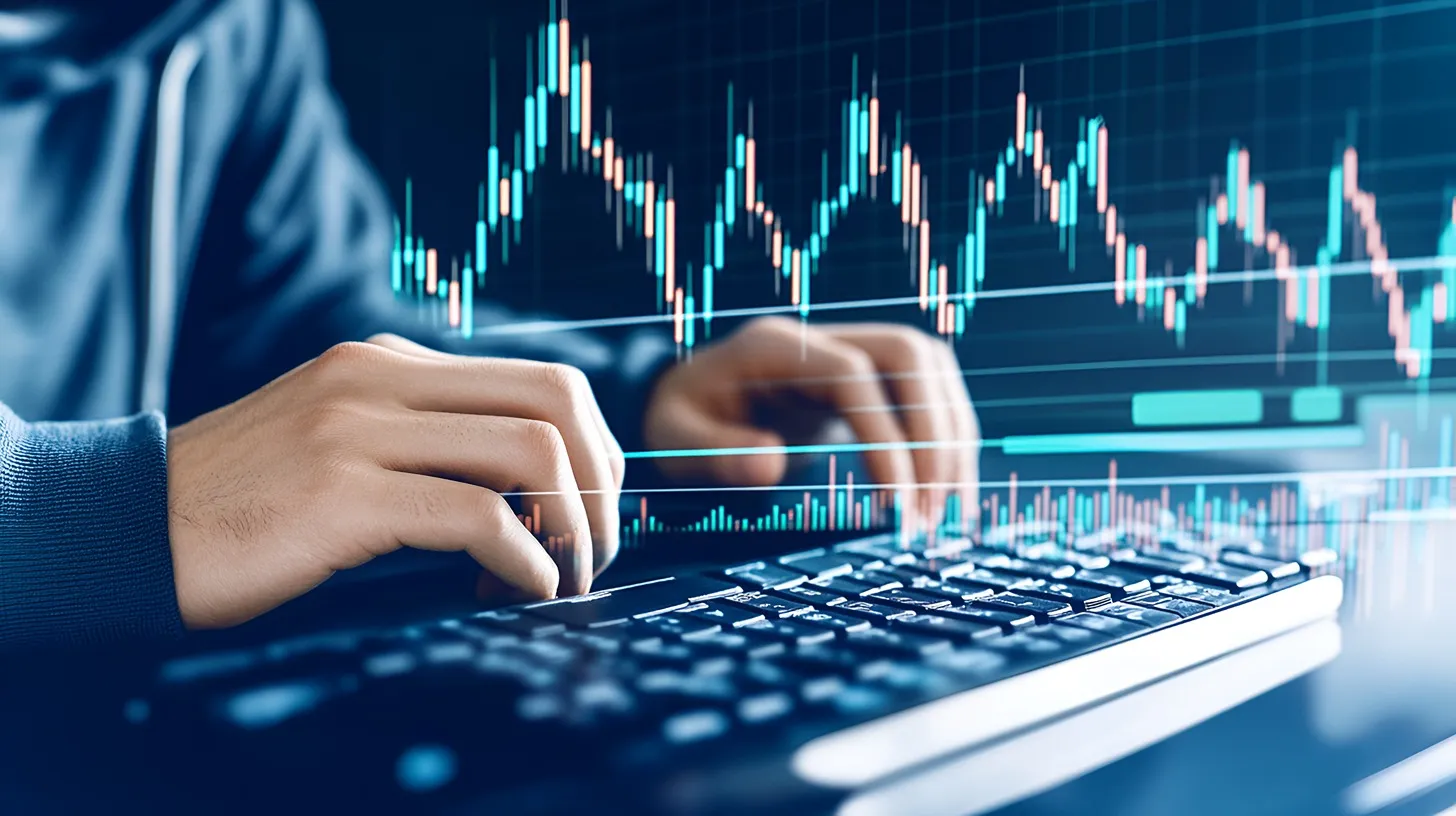 A man typing at a keyword with digital line graphs showing in front of them.